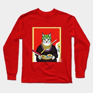 Samurai Cat Enjoying Ramen Long Sleeve T-Shirt